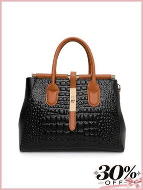 Genuine Leather Crocodile Print Satchel Handbag Large Capacity Detachable Strap